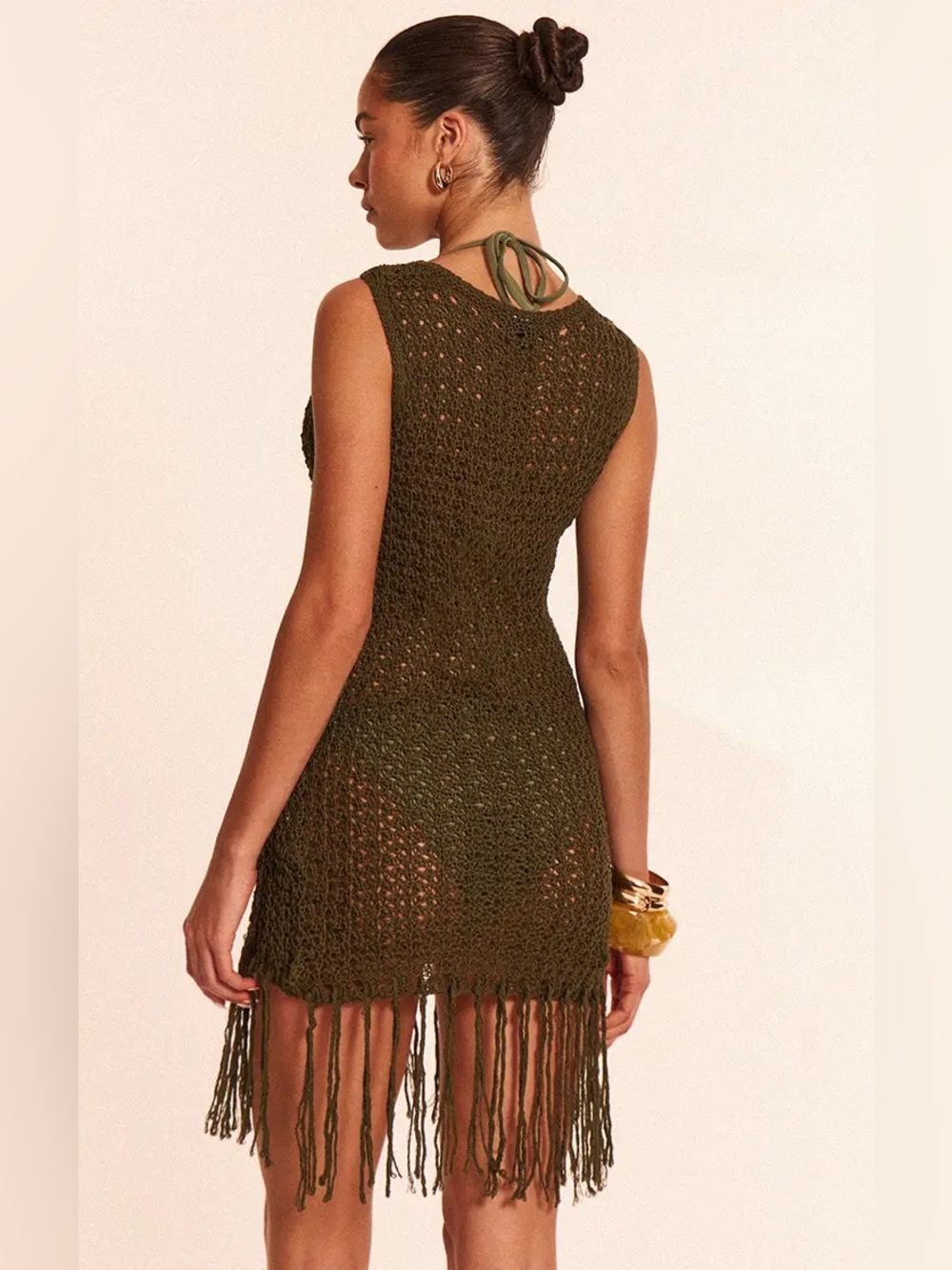 2 PrettyLittleThing Olive Crochet Boat Neck Tassel Mini Dress - Picture 5 of 10